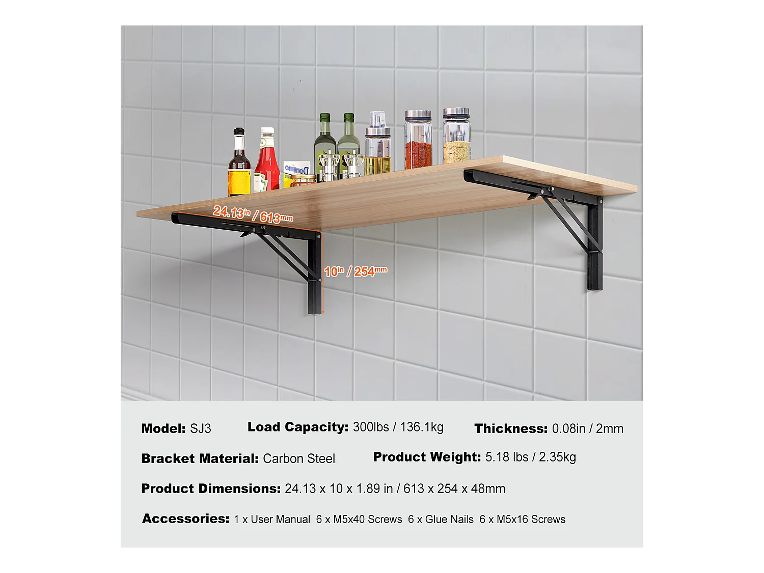 Support d'Étagère SucceBuy, Pliable, 61 cm L, 2 Pièces, Flottant Robuste, pour les Salons, Bureaux, Cuisines, Salles de Bains et Bureaux