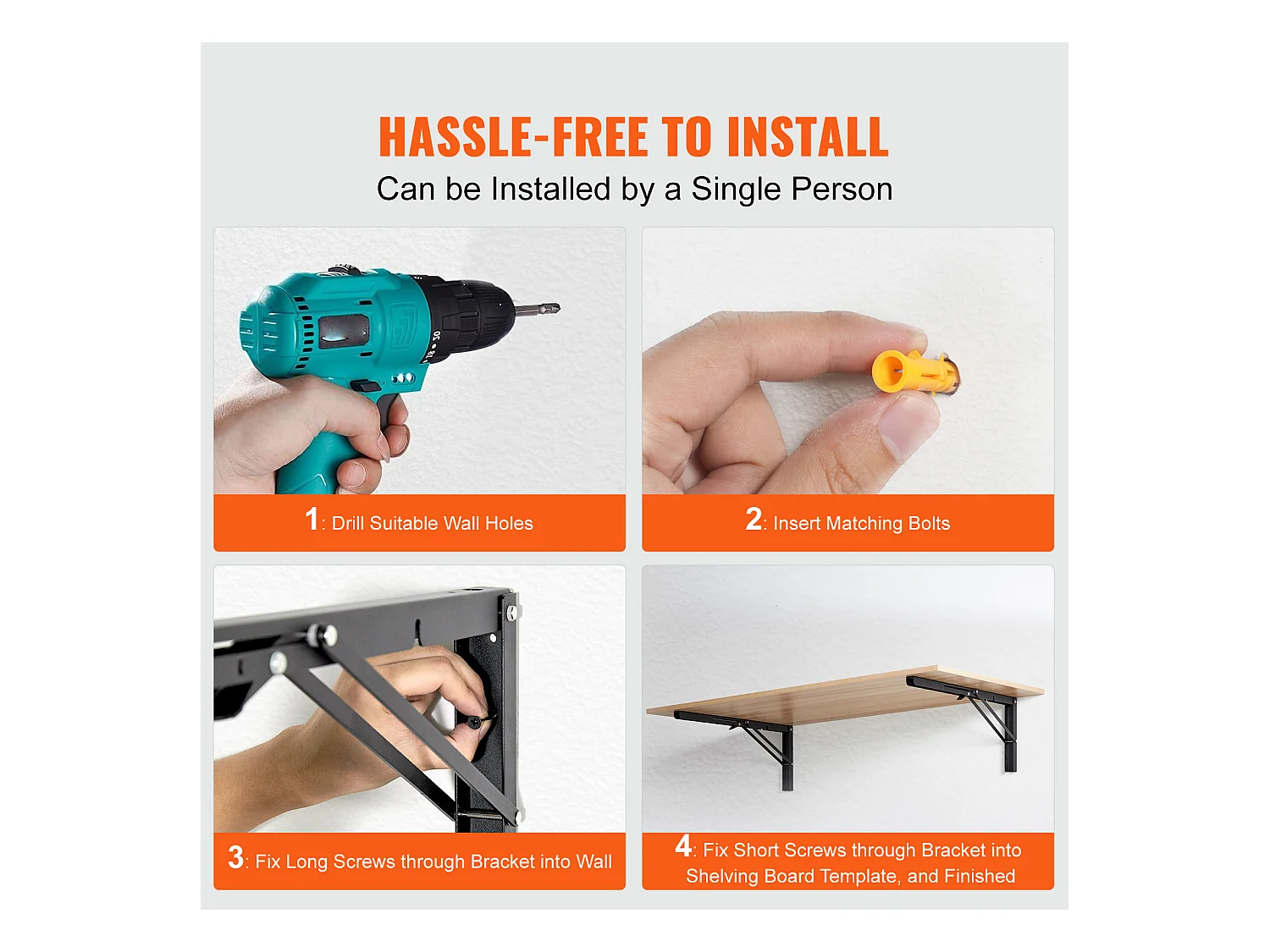 Support d'Étagère SucceBuy, Pliable, 61 cm L, 2 Pièces, Flottant Robuste, pour les Salons, Bureaux, Cuisines, Salles de Bains et Bureaux