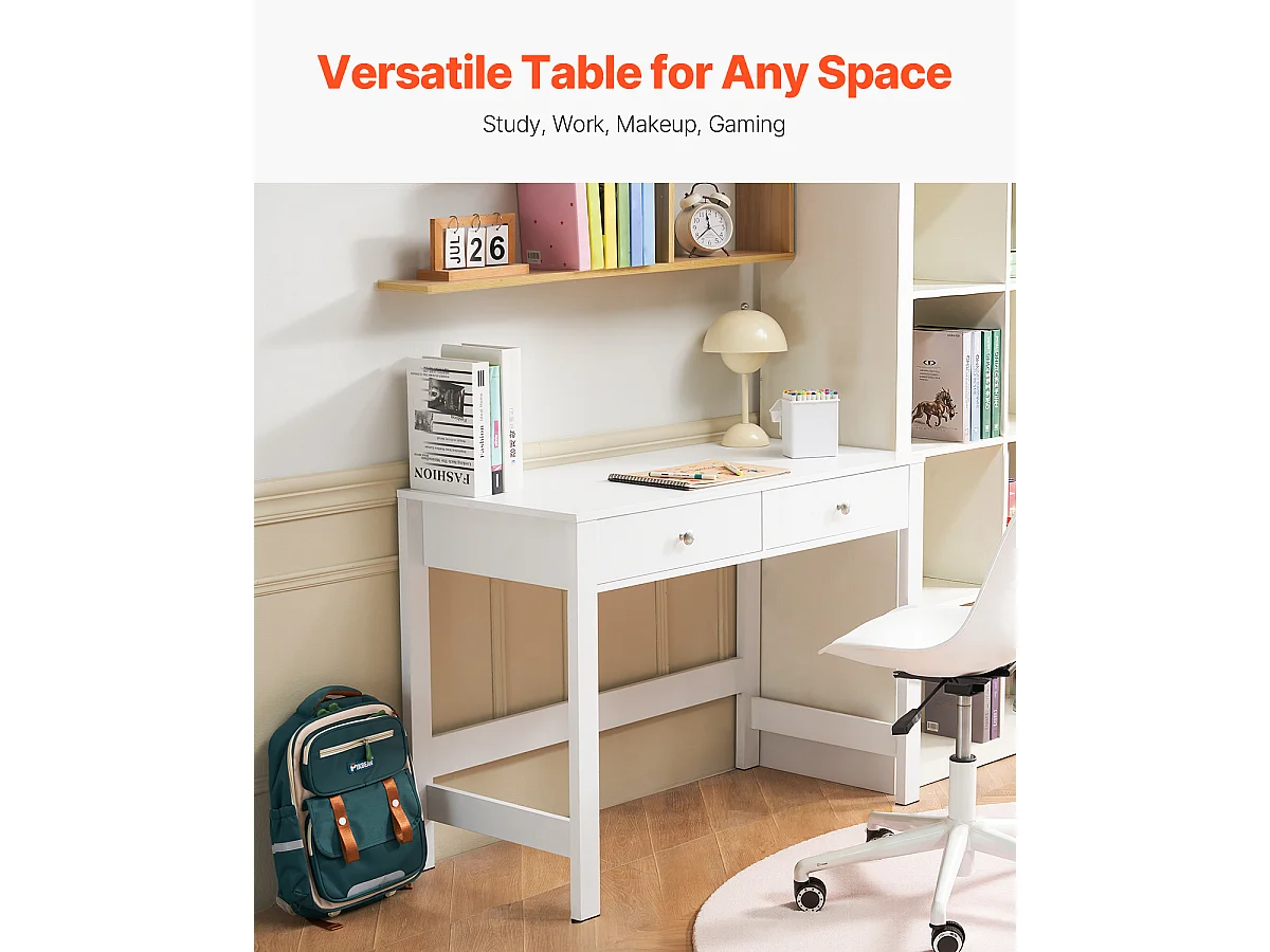 Tavolo da Ufficio Piccolo SucceBuy Scrivania Compatta con Cassetti per Cameretta, Tavolo da Studio Minimalista, Bianca