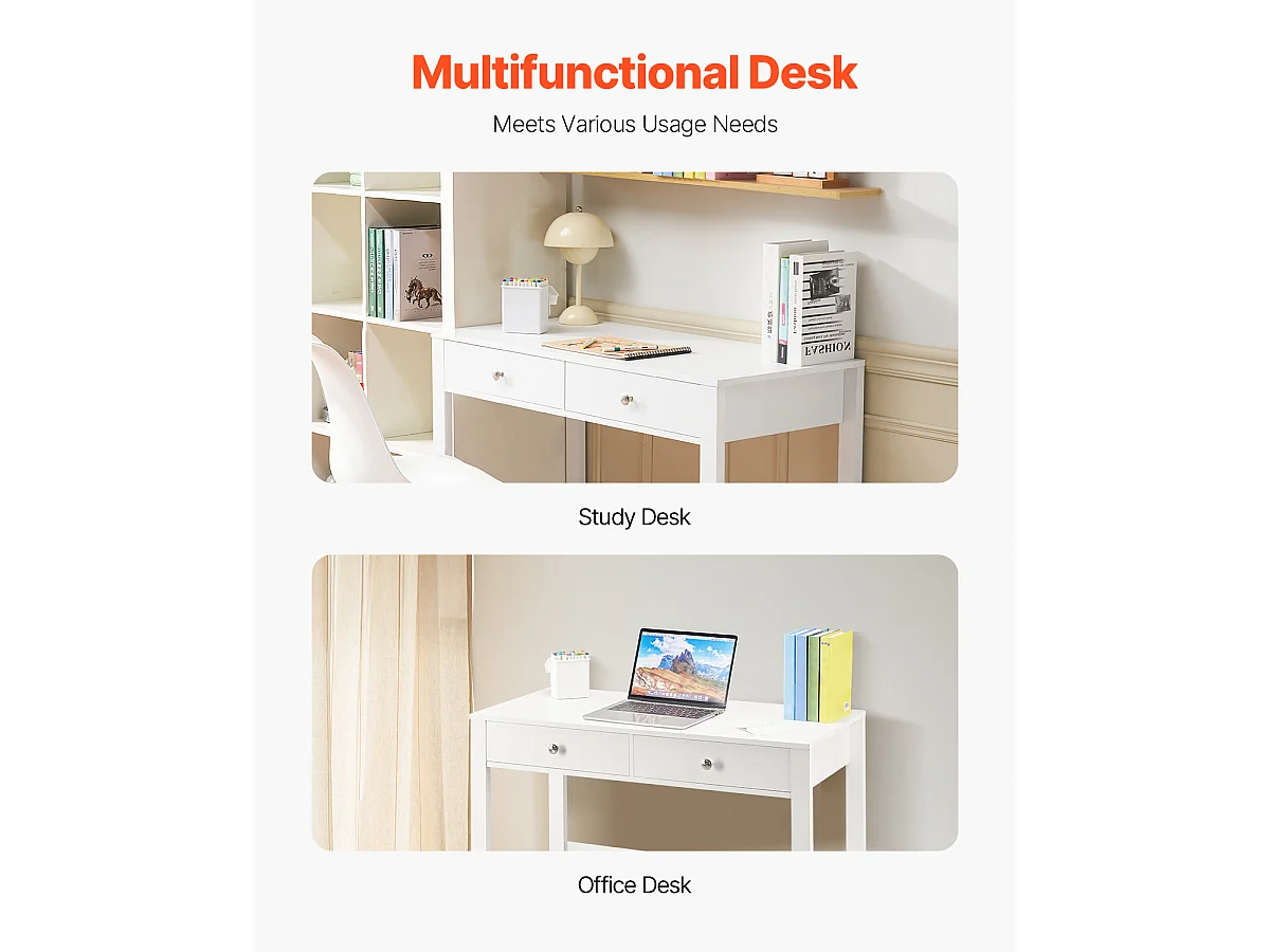 Tavolo da Ufficio Piccolo SucceBuy Scrivania Compatta con Cassetti per Cameretta, Tavolo da Studio Minimalista, Bianca