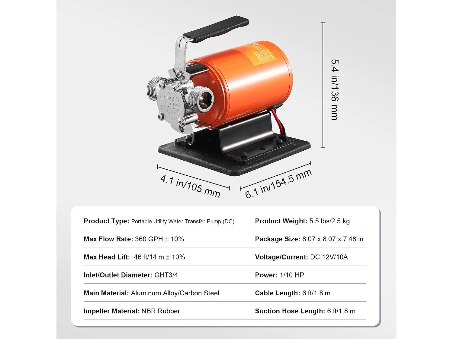 Pompe de Transfert d'Eau SucceBuy Pompe de Transfert d'Eau Portable 12 V, 1.36 m³/H, 75 W avec Tuyau