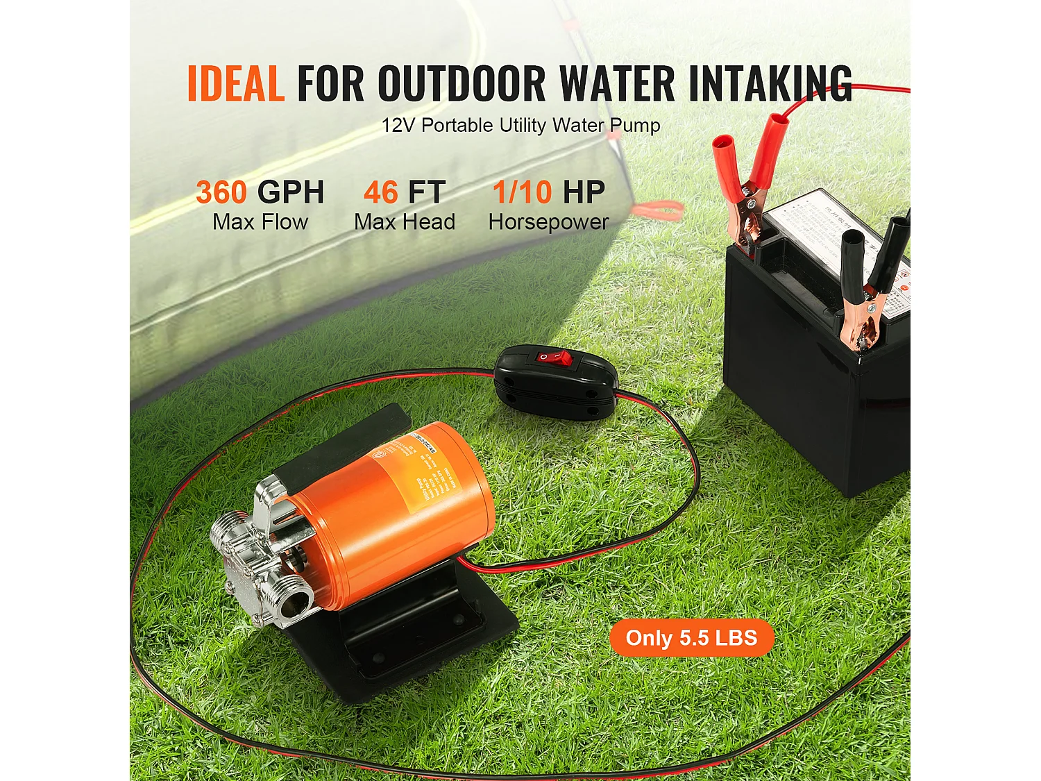 Pompe de Transfert d'Eau SucceBuy Pompe de Transfert d'Eau Portable 12 V, 1.36 m³/H, 75 W avec Tuyau