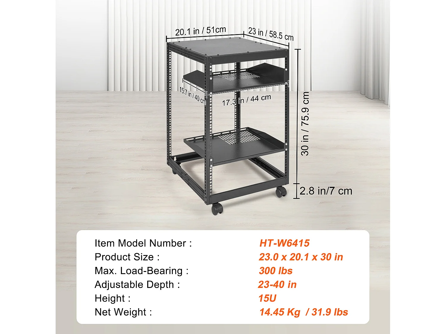 Rack de Serveur SucceBuy 15U 4 - Rack Serveur à Montants, 58cm - 102cm Réglable, Boîtier Réseau