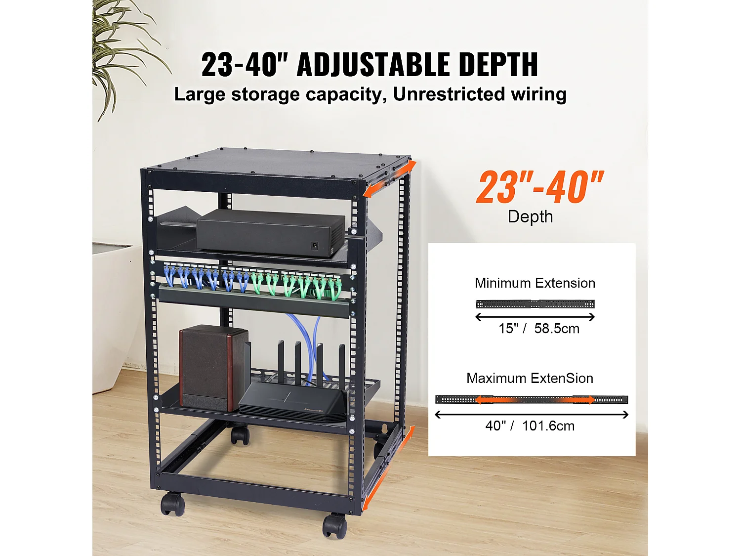 Rack de Serveur SucceBuy 15U 4 - Rack Serveur à Montants, 58cm - 102cm Réglable, Boîtier Réseau