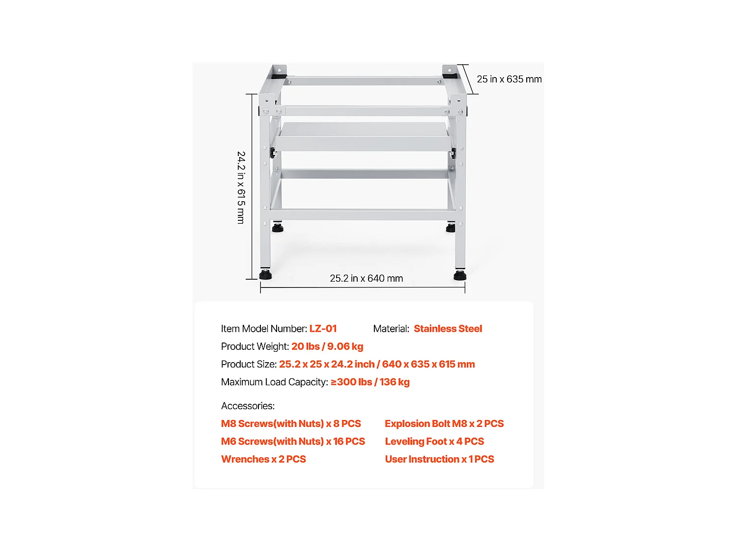 Socle Machine à Laver SucceBuy Support de Machine à Laver 123 x 63,5 cm, 268 kg Double Plateau