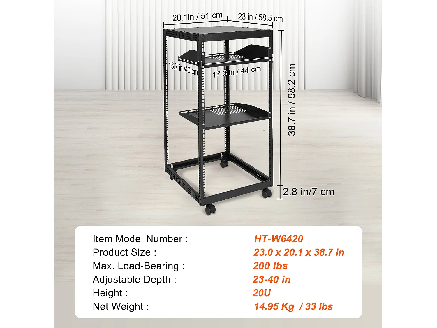 Rack de Serveur SucceBuy 20U 4 - Rack Serveur à Montants, 58cm - 102cm Réglable, Boîtier Réseau