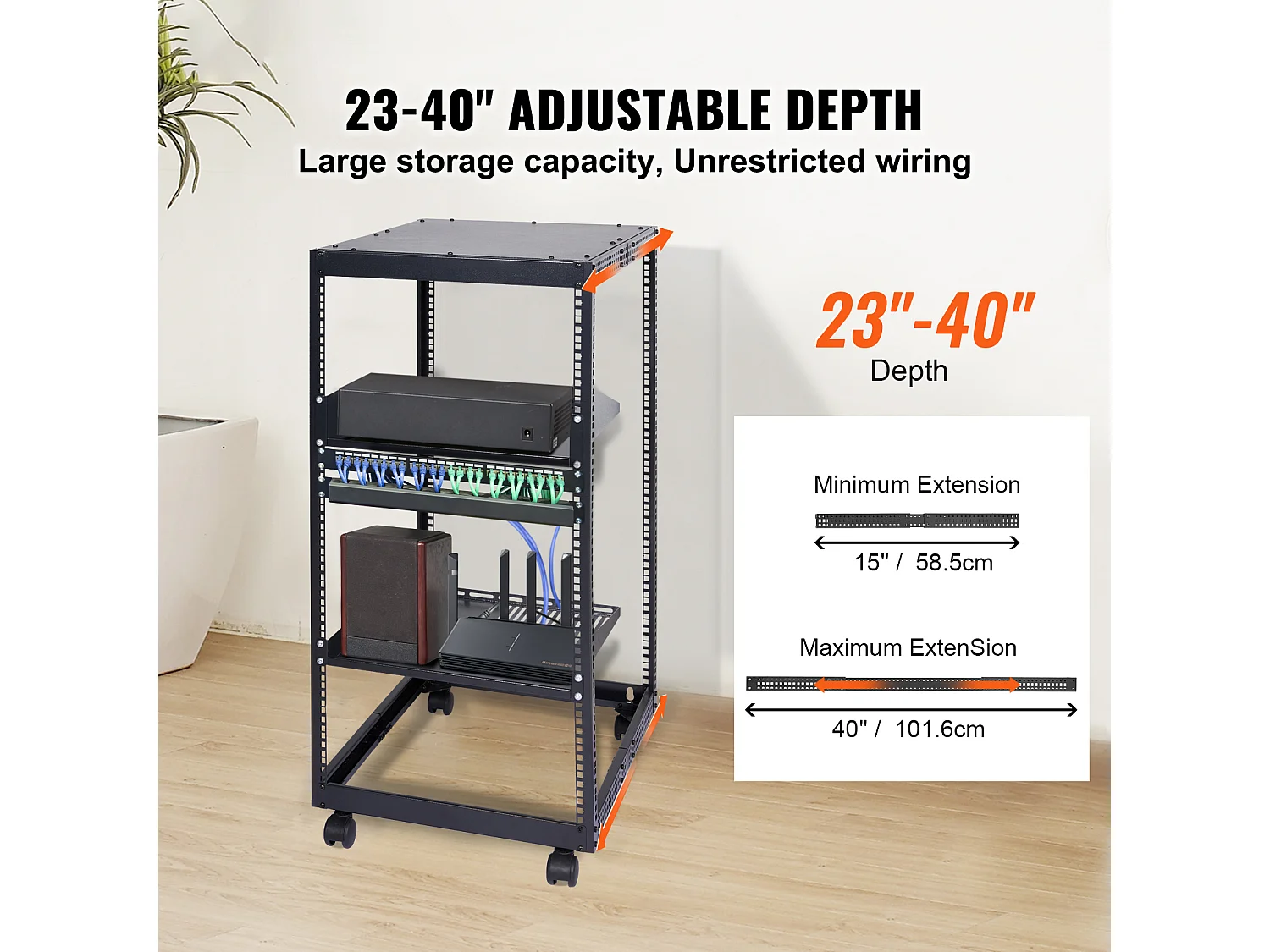 Rack de Serveur SucceBuy 20U 4 - Rack Serveur à Montants, 58cm - 102cm Réglable, Boîtier Réseau