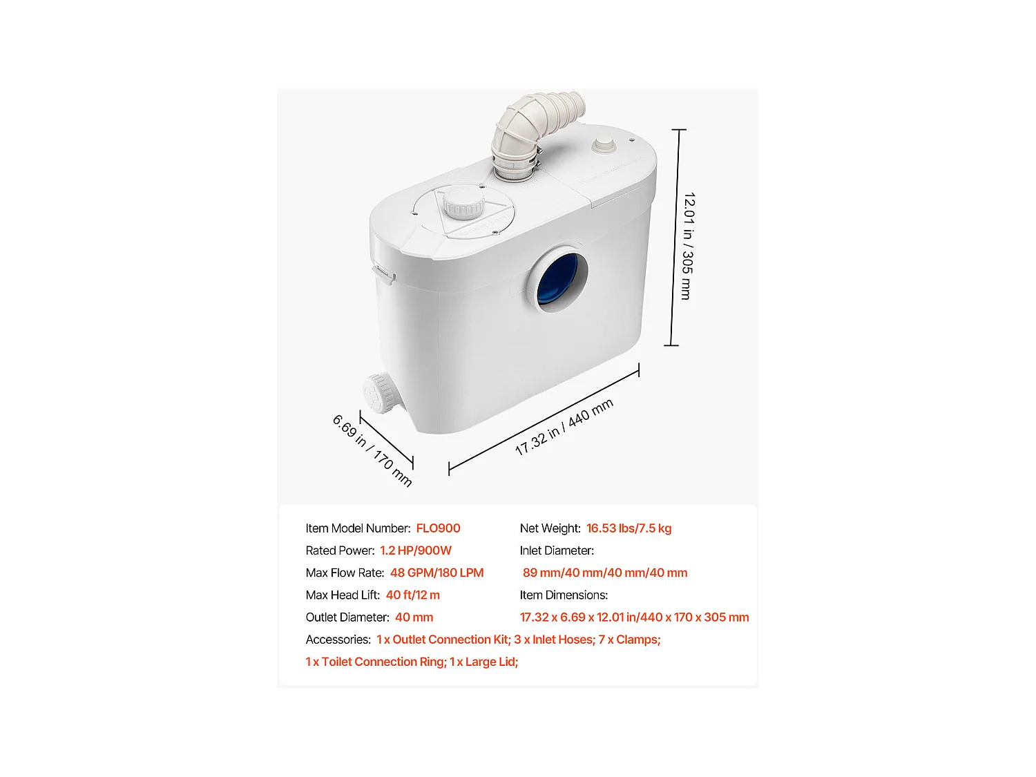 Maceratiepomp SucceBuy 900W Maceratiepomp met 4 Inlaten, Debiet 180 L/min, tot 12 m Opvoerhoogte, Ideaal voor het Verwijderen van Afvalwater uit Toiletten