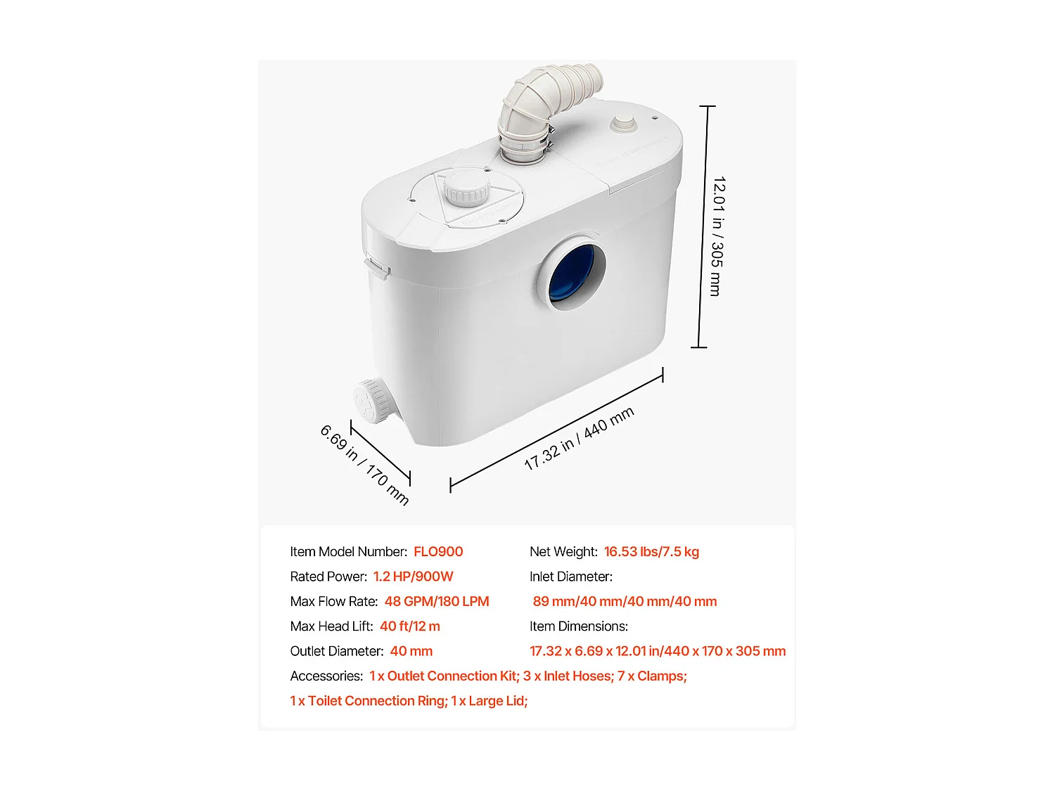 Pompe de Macération SucceBuy Pompe de Macération Toilettes 900 W, Débit 180 L/min, Hauteur 12 m