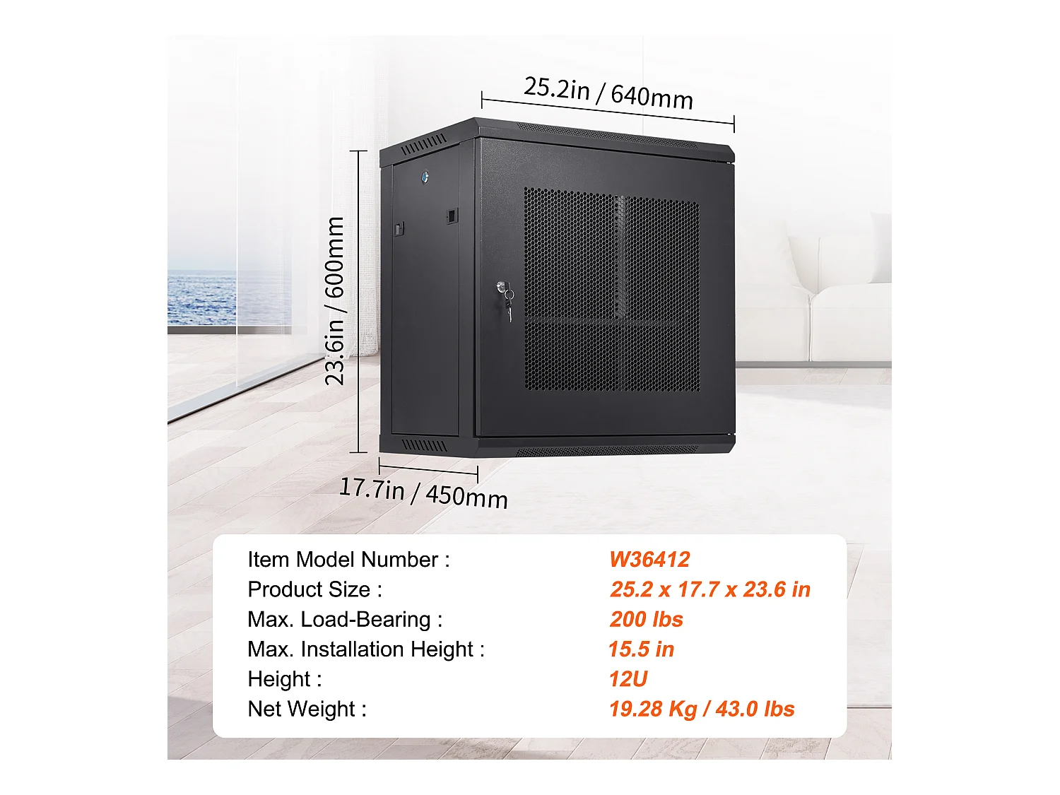 Rack de Serveur SucceBuy 12U Boîtier d'Armoire Réseau à Montage Mural 39cm de Profondeur avec Porte Verrouillable