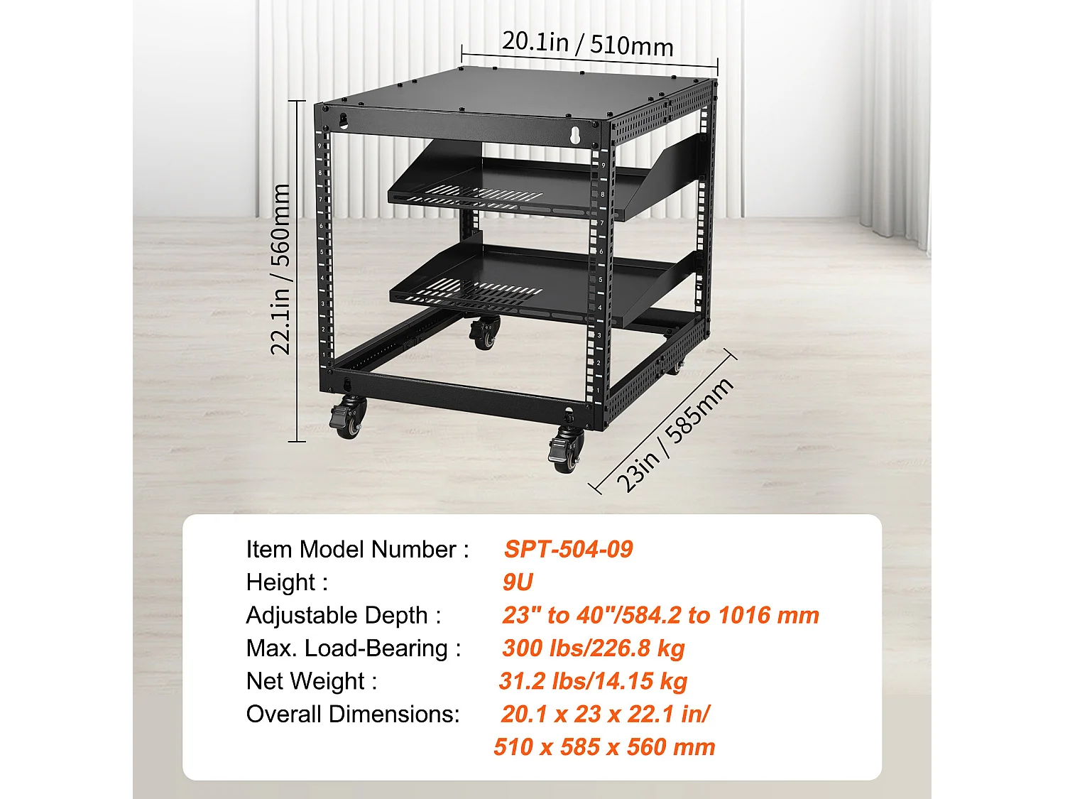 Rack de Serveur SucceBuy 9U Boîtier Réseau à Cadre Ouvert à 4 Montants 58cm-102cm Réglable