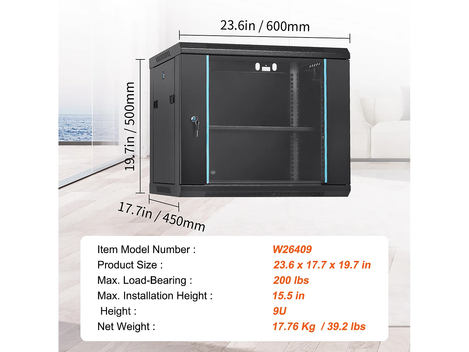Netwerkserver Kast SucceBuy voor Wandmontage 9U, 39cm Diepte, Maximale Belasting 200 Pond, Vergrendelbare Glasdeur en Zijpanelen