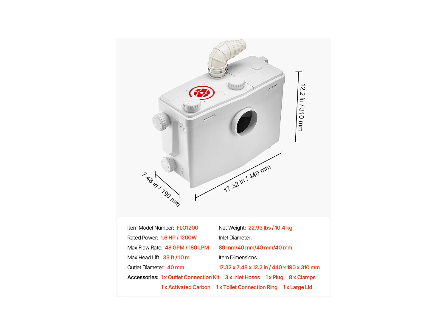 Pompe de Macération SucceBuy Pompe de Macération Toilettes 1200 W, Débit 180 L/min, Hauteur 10 m