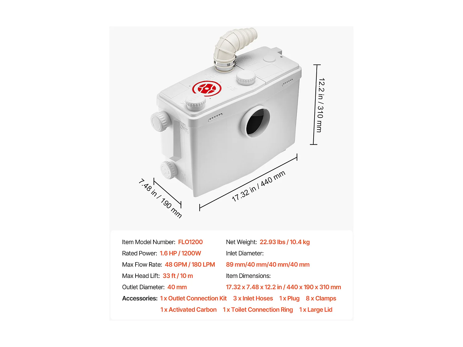 Pompe de Macération SucceBuy Pompe de Macération Toilettes 1200 W, Débit 180 L/min, Hauteur 10 m