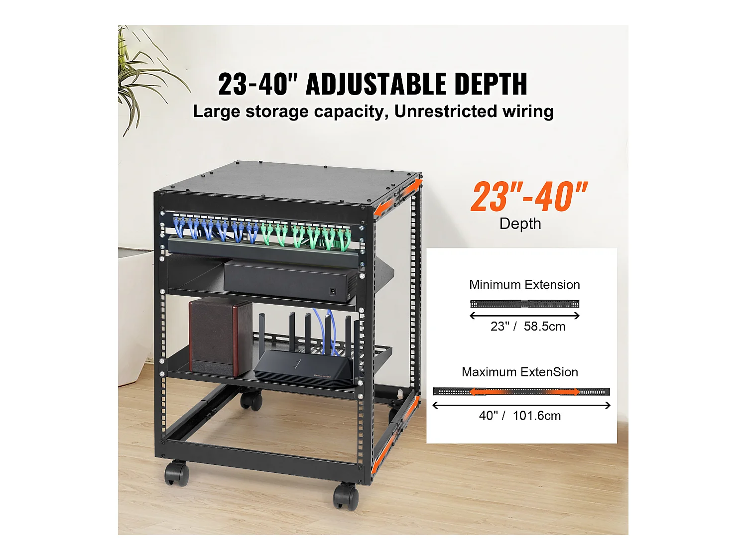 Rack de Serveur SucceBuy 12U 4 - Rack Serveur à Montants, 58cm - 102cm Réglable, Boîtier Réseau
