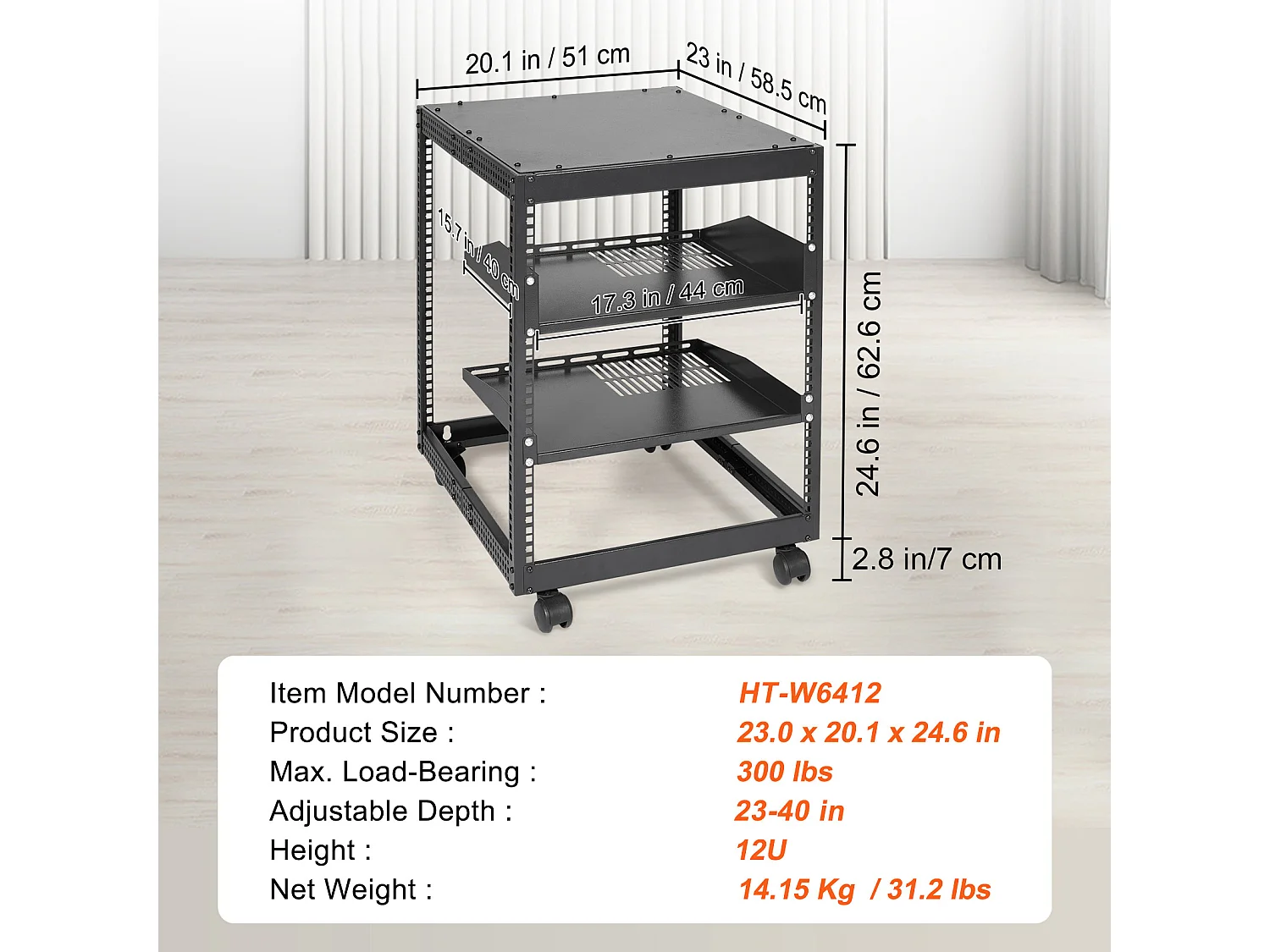 Rack de Serveur SucceBuy 12U 4 - Rack Serveur à Montants, 58cm - 102cm Réglable, Boîtier Réseau