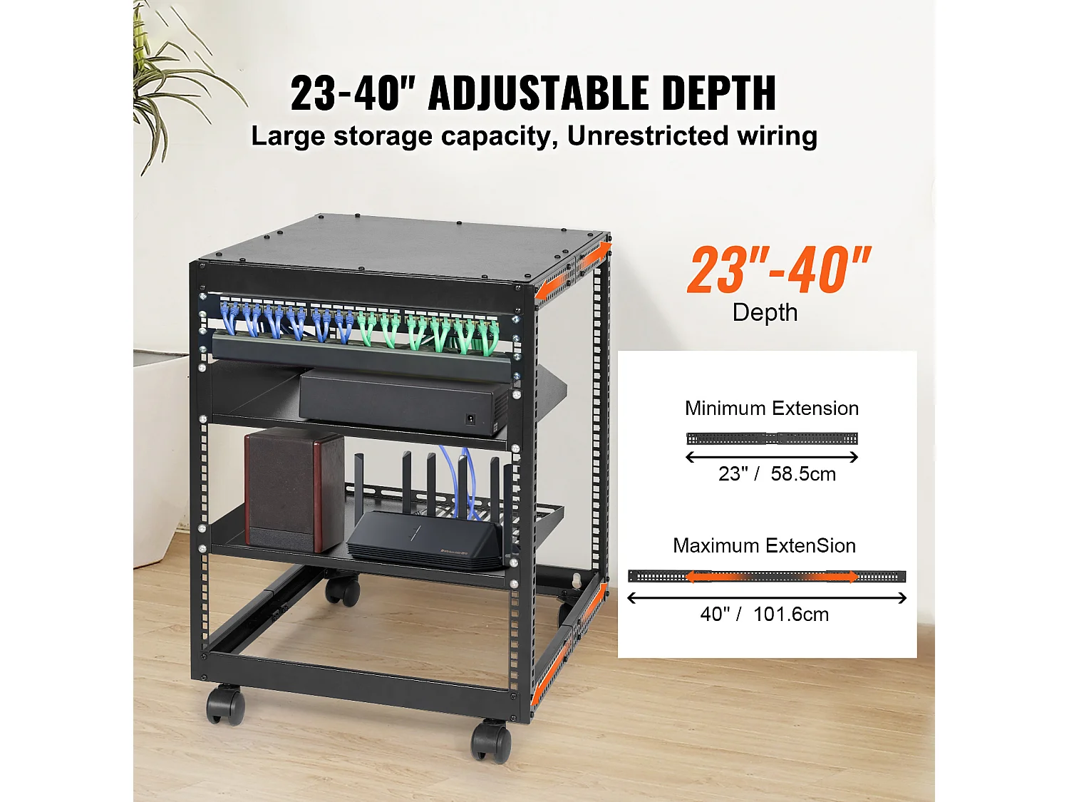 Rack de Serveur SucceBuy 12U 4 - Rack Serveur à Montants, 58cm - 102cm Réglable, Boîtier Réseau