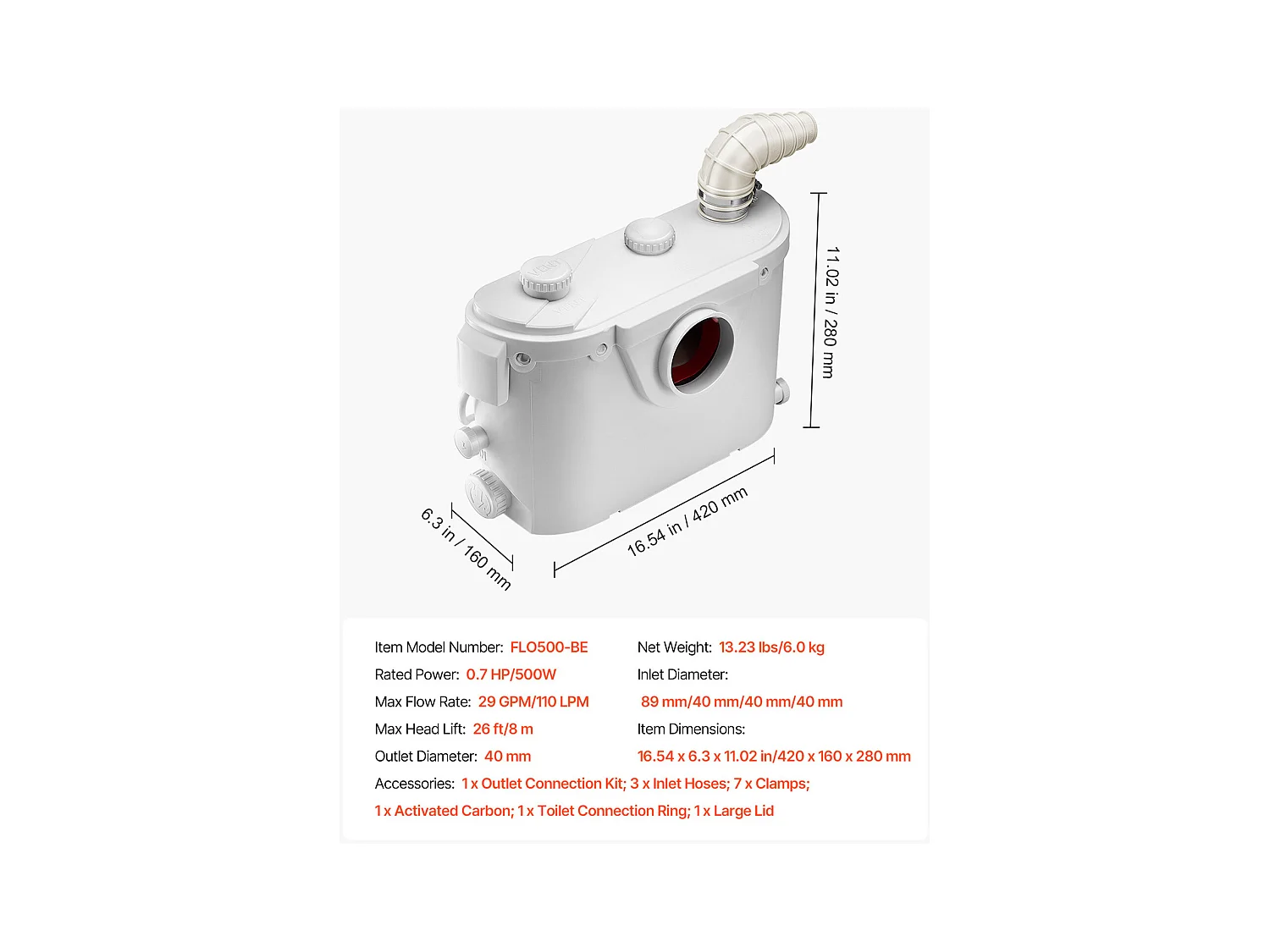 Pompe de Macération SucceBuy Pompe de Macération Toilettes 500 W, Débit 110 L/min, Hauteur 8 m