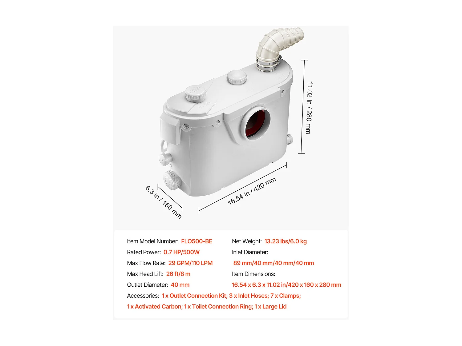 Pompe de Macération SucceBuy Pompe de Macération Toilettes 500 W, Débit 110 L/min, Hauteur 8 m
