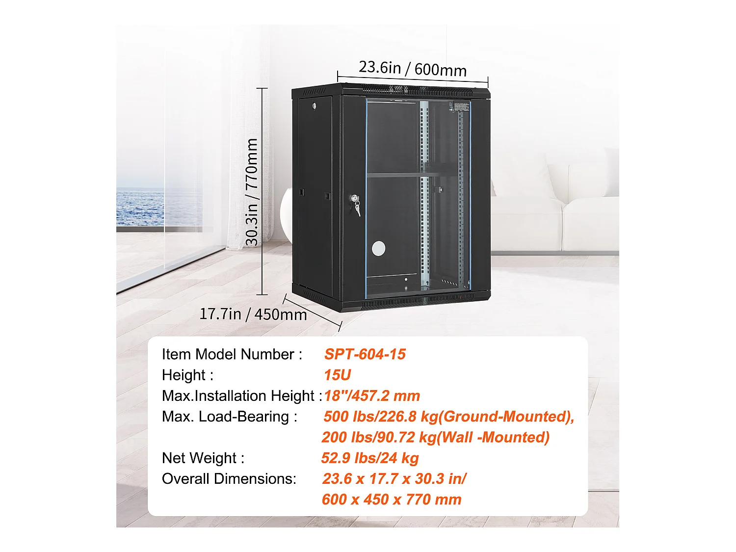 Rack de Serveur SucceBuy 15U Rack de Serveur Réseau à Montage Mural, Porte en Verre de 46cm, Boîtier d'Armoire, Verrouillable, Noir