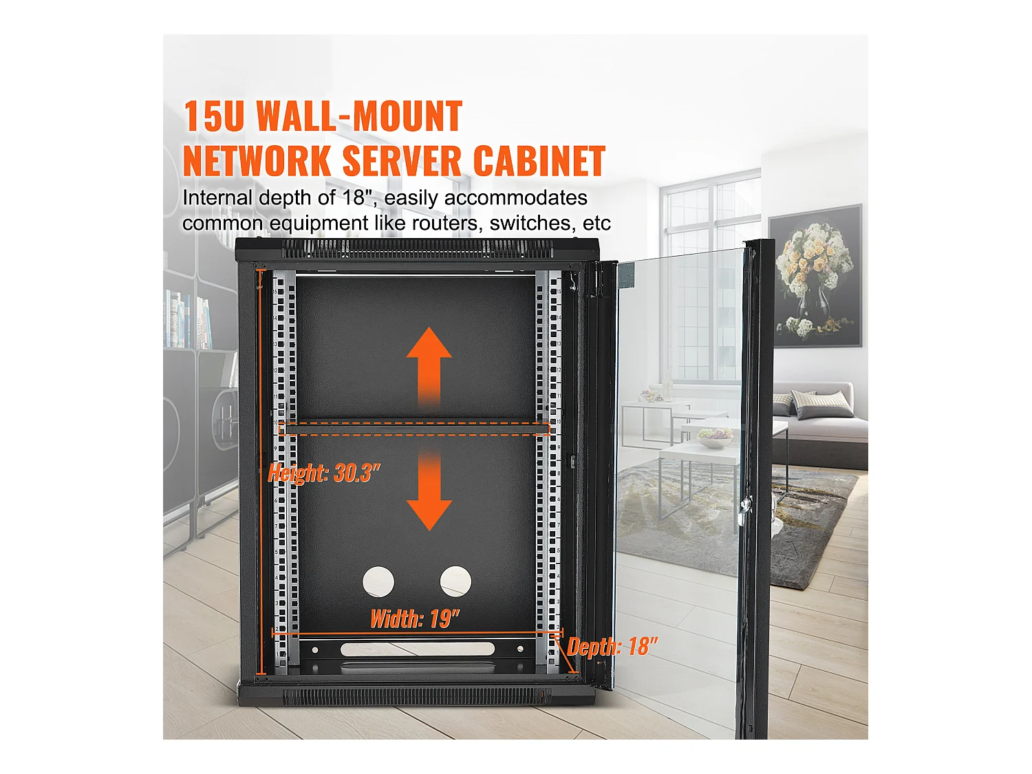 Rack de Serveur SucceBuy 15U Rack de Serveur Réseau à Montage Mural, Porte en Verre de 46cm, Boîtier d'Armoire, Verrouillable, Noir