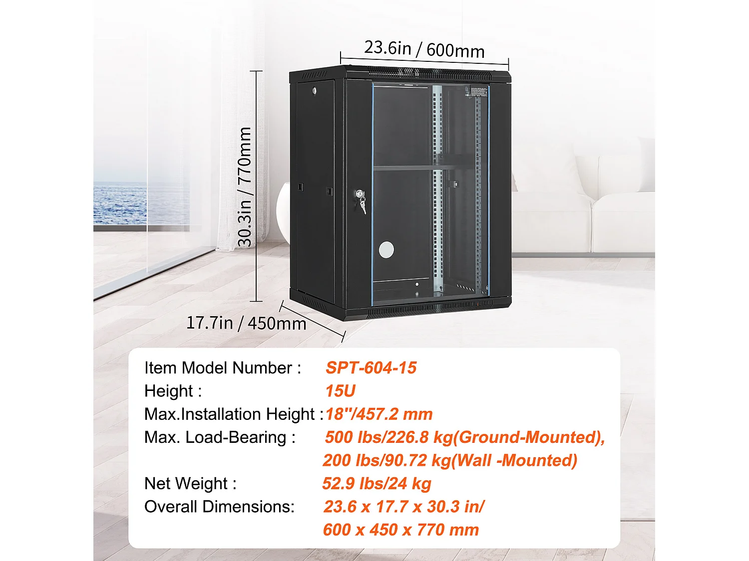 Rack de Serveur SucceBuy 15U Rack de Serveur Réseau à Montage Mural, Porte en Verre de 46cm, Boîtier d'Armoire, Verrouillable, Noir