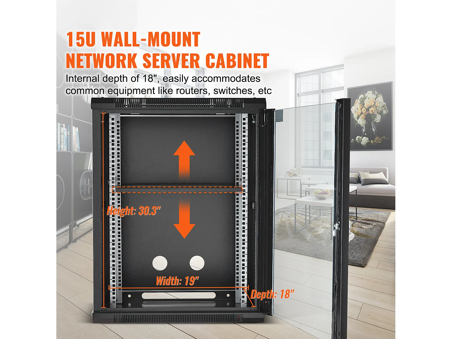 Rack de Serveur SucceBuy 15U Rack de Serveur Réseau à Montage Mural, Porte en Verre de 46cm, Boîtier d'Armoire, Verrouillable, Noir