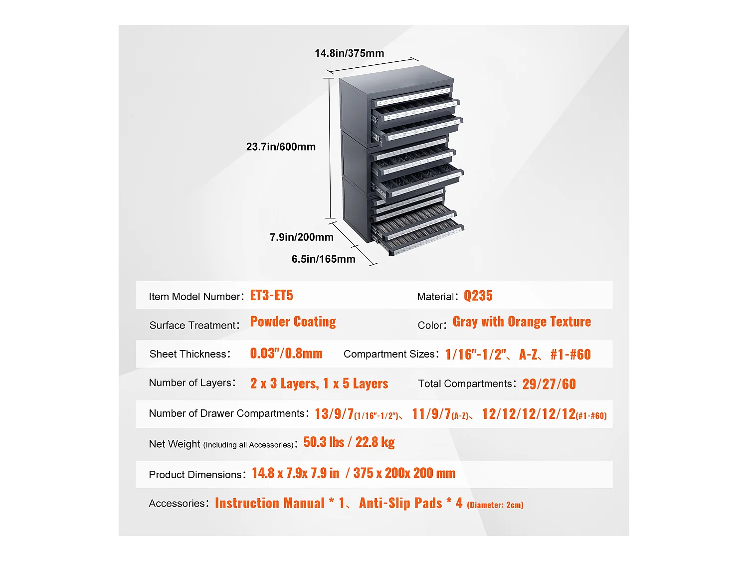 Organisateur de Distributeur SucceBuy de Forets, Armoire 3 Pièces, Trois Tiroirs et Cinq Tiroirs pour Calibre de Fil #1 à #60, Rangement Empliable