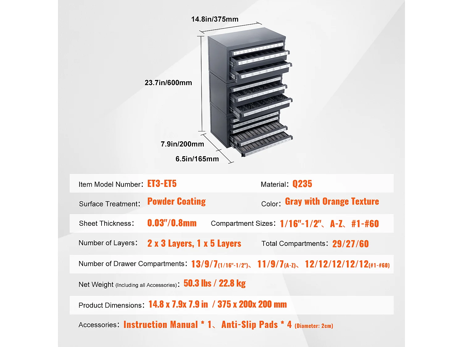 Organizzatore Distributore SucceBuy di Punte, Armadio 3 Pezzi, Tre Cassetti e Cinque Cassetti per Calibro Filo #1 a #60, Archivazione Impilable
