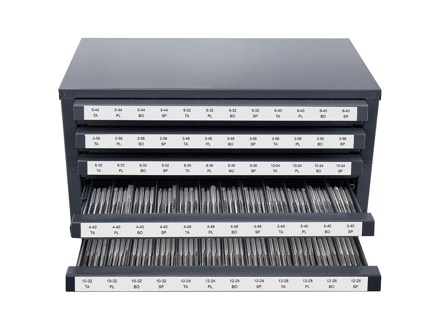 Aufbewahrungsschrank SucceBuy für Hahn-Verteiler, Fünf Schubladen, #2-56-#12-28, Stapelbare 60-Fach-Aufbewahrung mit Etiketten