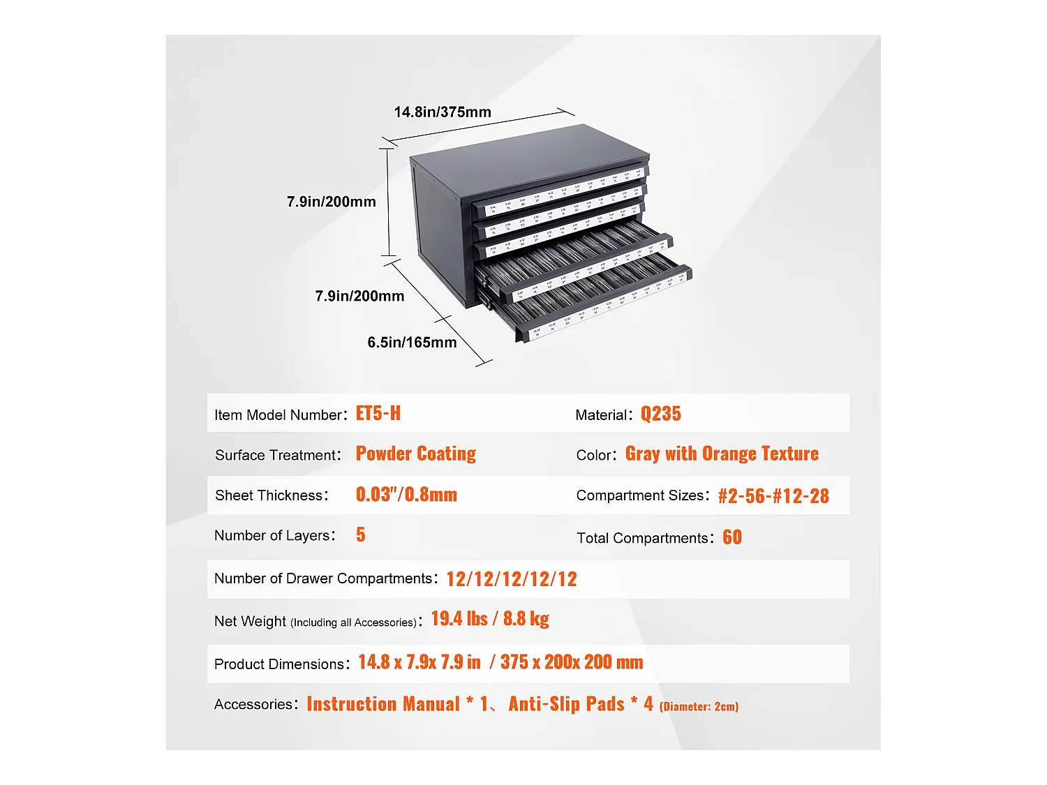 Aufbewahrungsschrank SucceBuy für Hahn-Verteiler, Fünf Schubladen, #2-56-#12-28, Stapelbare 60-Fach-Aufbewahrung mit Etiketten