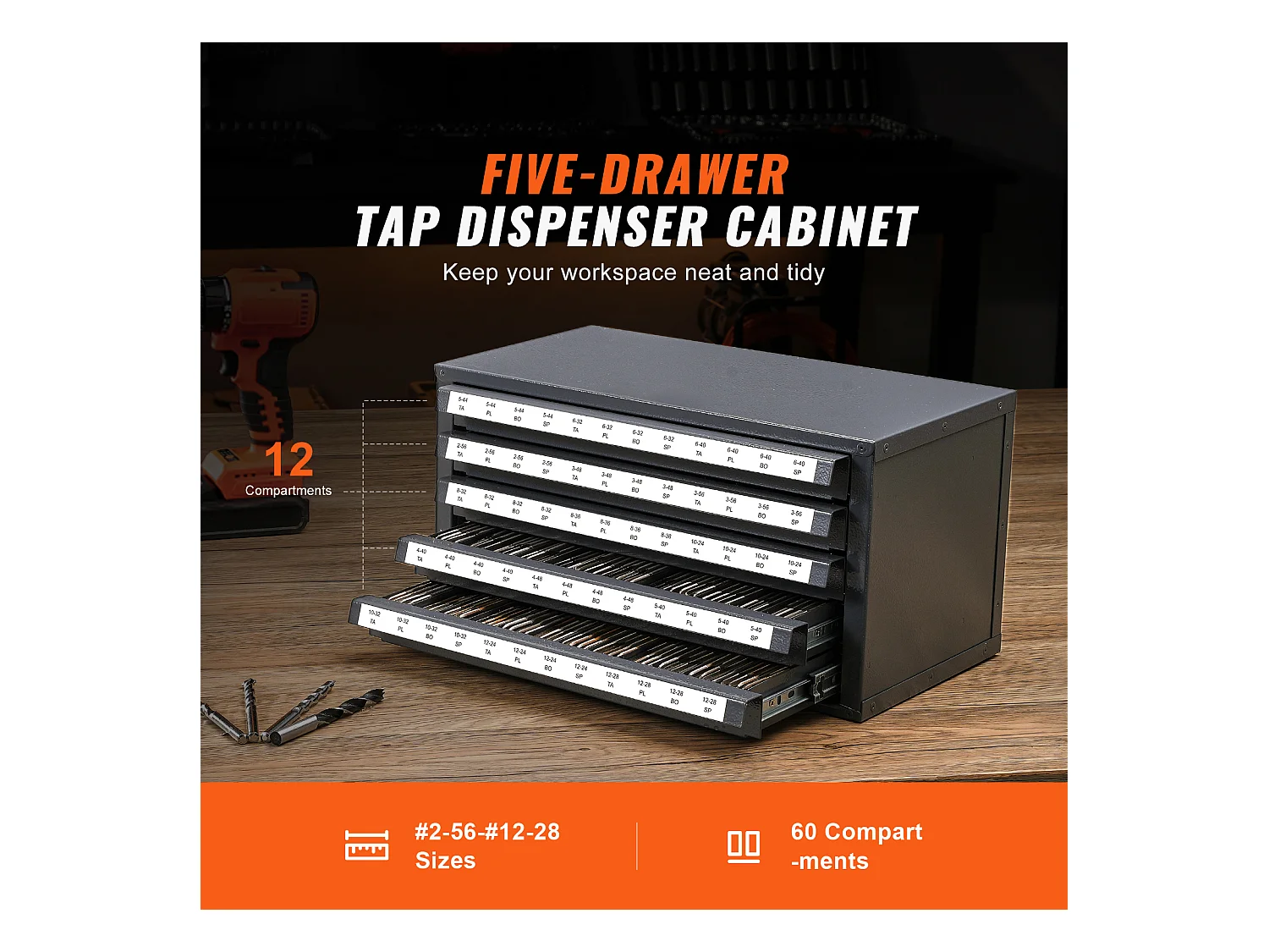 Aufbewahrungsschrank SucceBuy für Hahn-Verteiler, Fünf Schubladen, #2-56-#12-28, Stapelbare 60-Fach-Aufbewahrung mit Etiketten