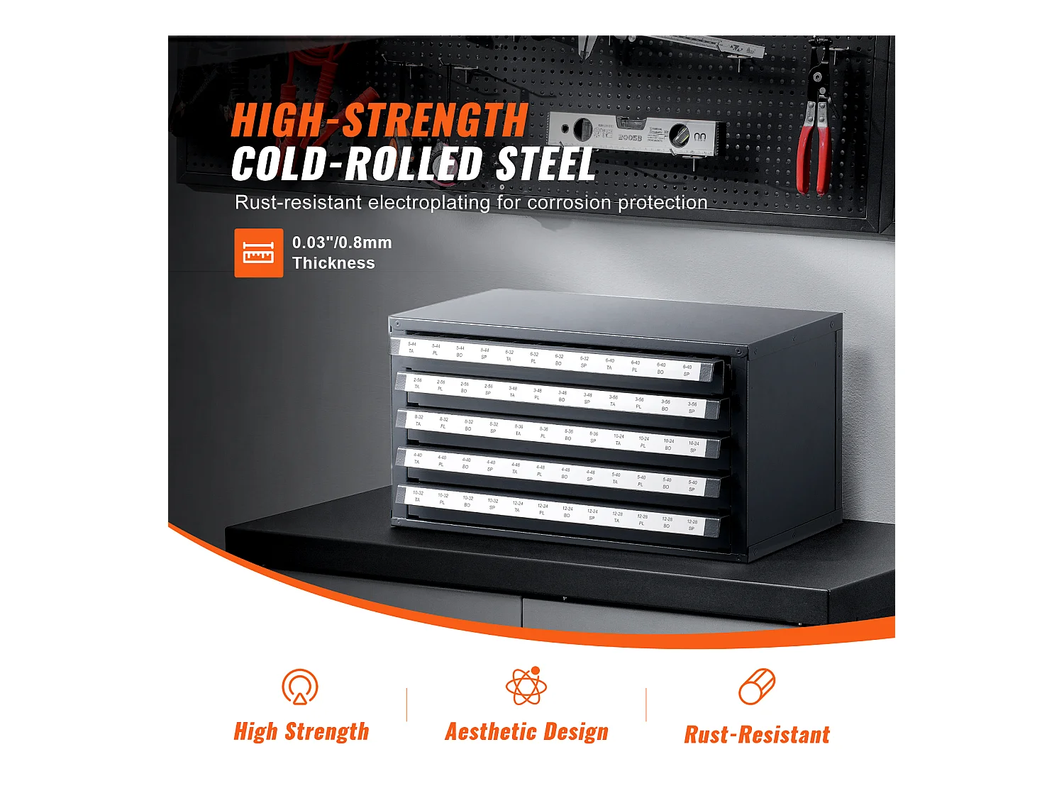 Aufbewahrungsschrank SucceBuy für Hahn-Verteiler, Fünf Schubladen, #2-56-#12-28, Stapelbare 60-Fach-Aufbewahrung mit Etiketten