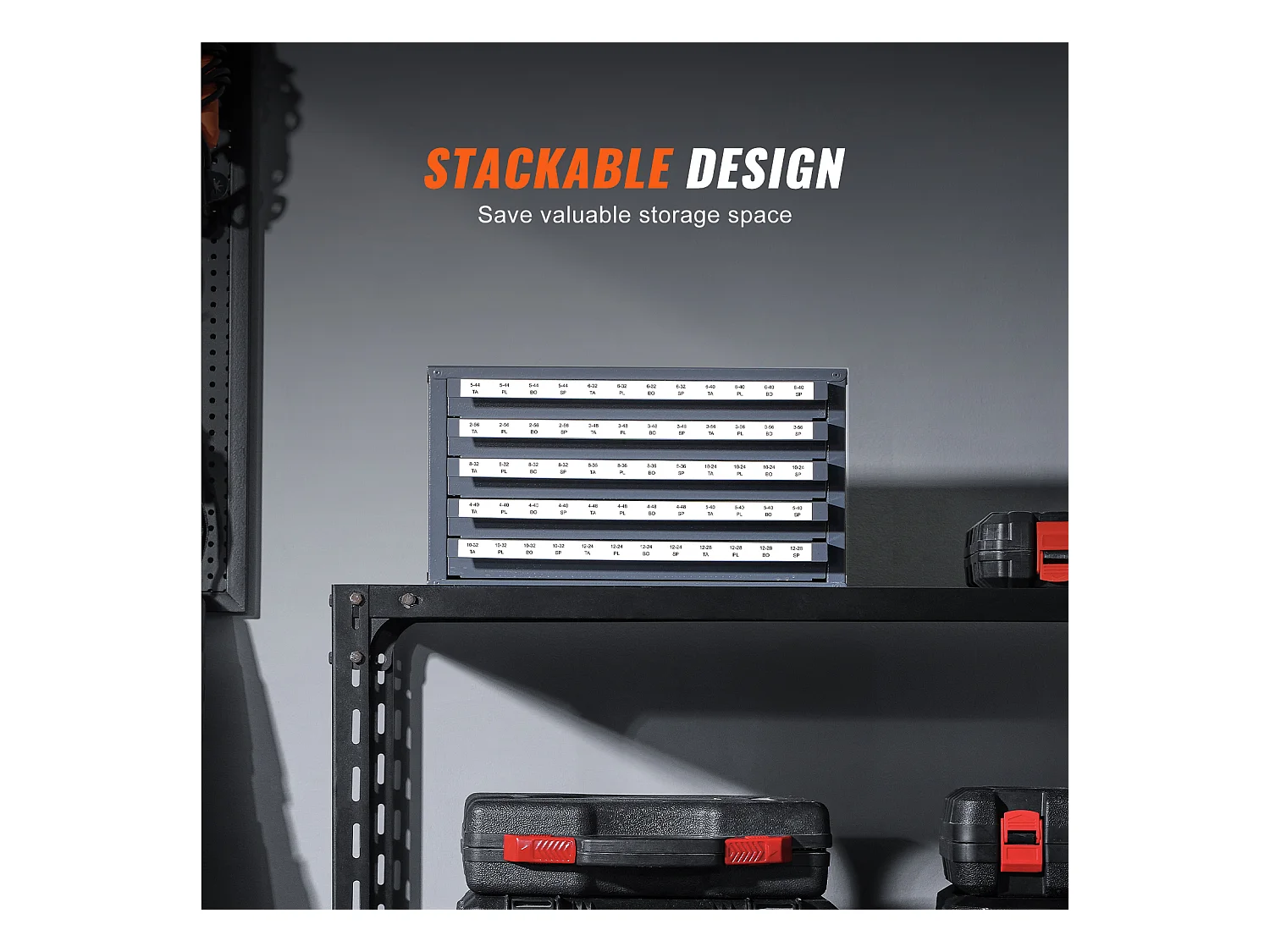 Aufbewahrungsschrank SucceBuy für Hahn-Verteiler, Fünf Schubladen, #2-56-#12-28, Stapelbare 60-Fach-Aufbewahrung mit Etiketten