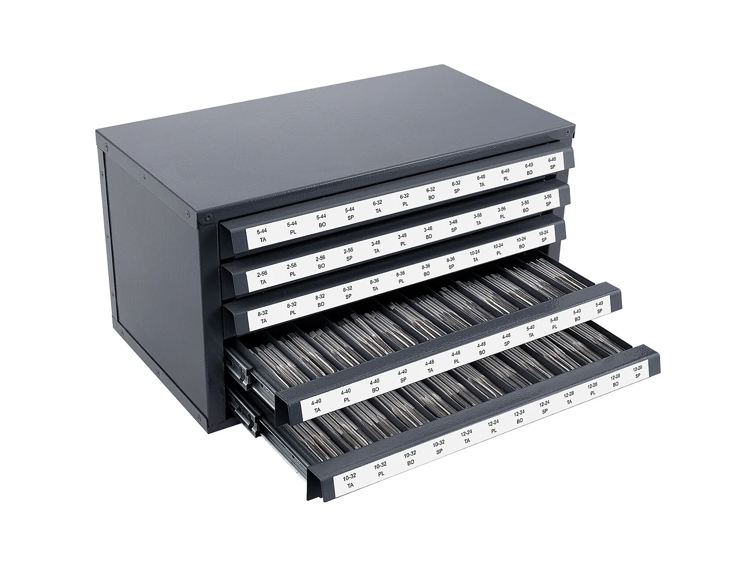 Aufbewahrungsschrank SucceBuy für Hahn-Verteiler, Fünf Schubladen, #2-56-#12-28, Stapelbare 60-Fach-Aufbewahrung mit Etiketten