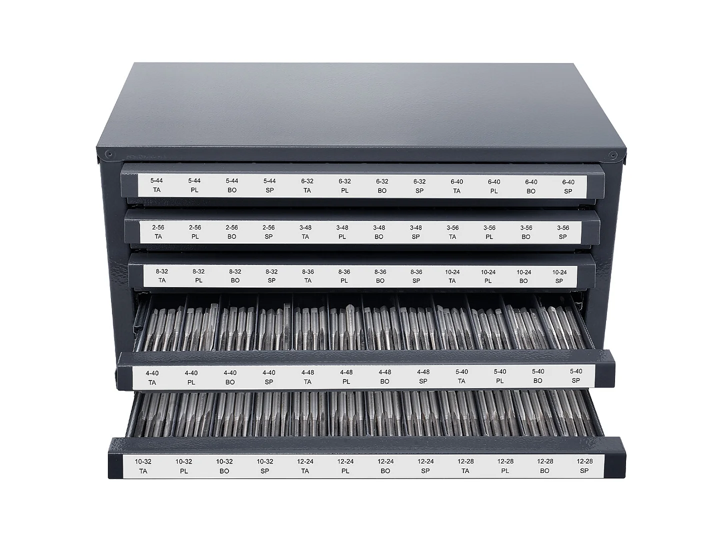Aufbewahrungsschrank SucceBuy für Hahn-Verteiler, Fünf Schubladen, #2-56-#12-28, Stapelbare 60-Fach-Aufbewahrung mit Etiketten