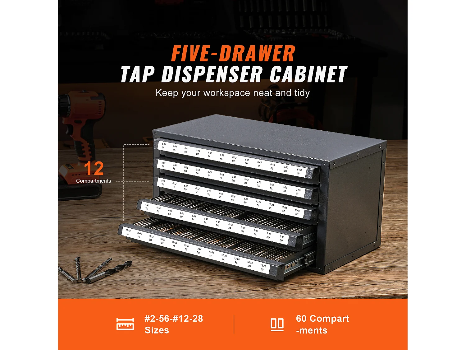 Opbergkast SucceBuy voor Kraan Verdeeler, Vijf Lades, #2-56-#12-28, Stapelbare 60-Compartimenten Opslag met Etiketten