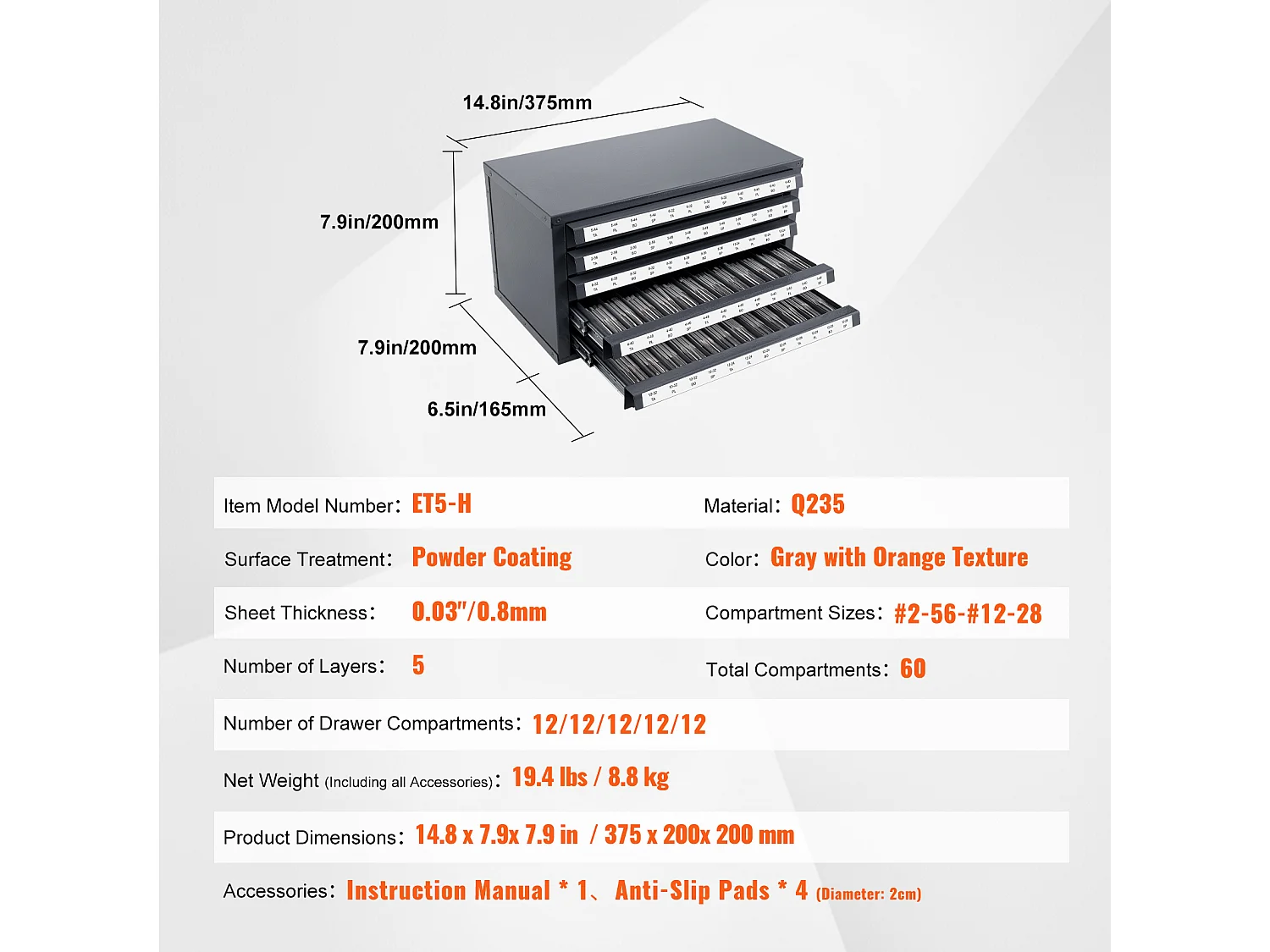 Armário de Armazenamento SucceBuy para Organizador de Torneiras, Cinco Gavetas, #2-56-#12-28, Armazenamento Empilhável de 60 Compartimentos com Etiquetas