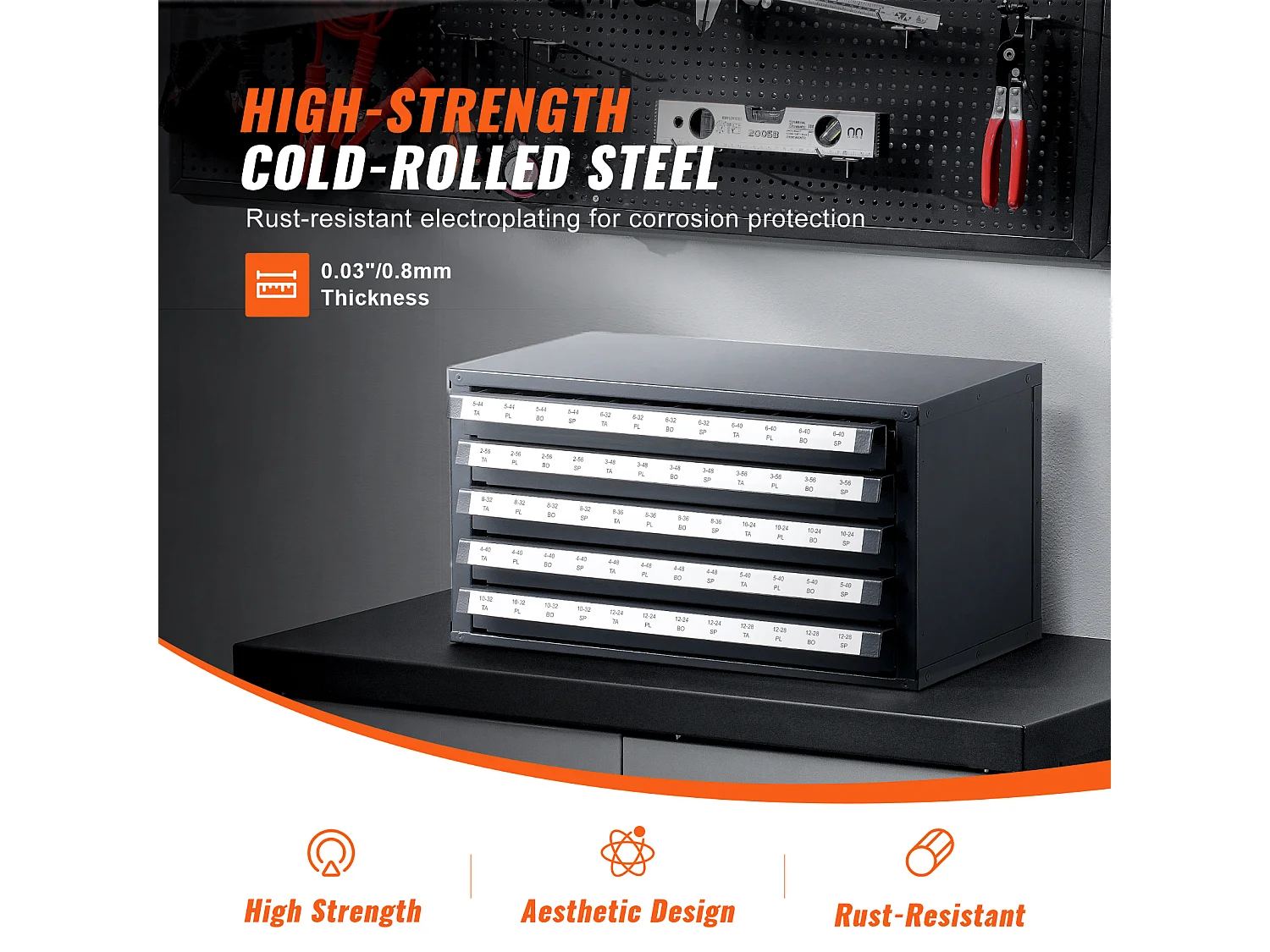 Armário de Armazenamento SucceBuy para Organizador de Torneiras, Cinco Gavetas, #2-56-#12-28, Armazenamento Empilhável de 60 Compartimentos com Etiquetas