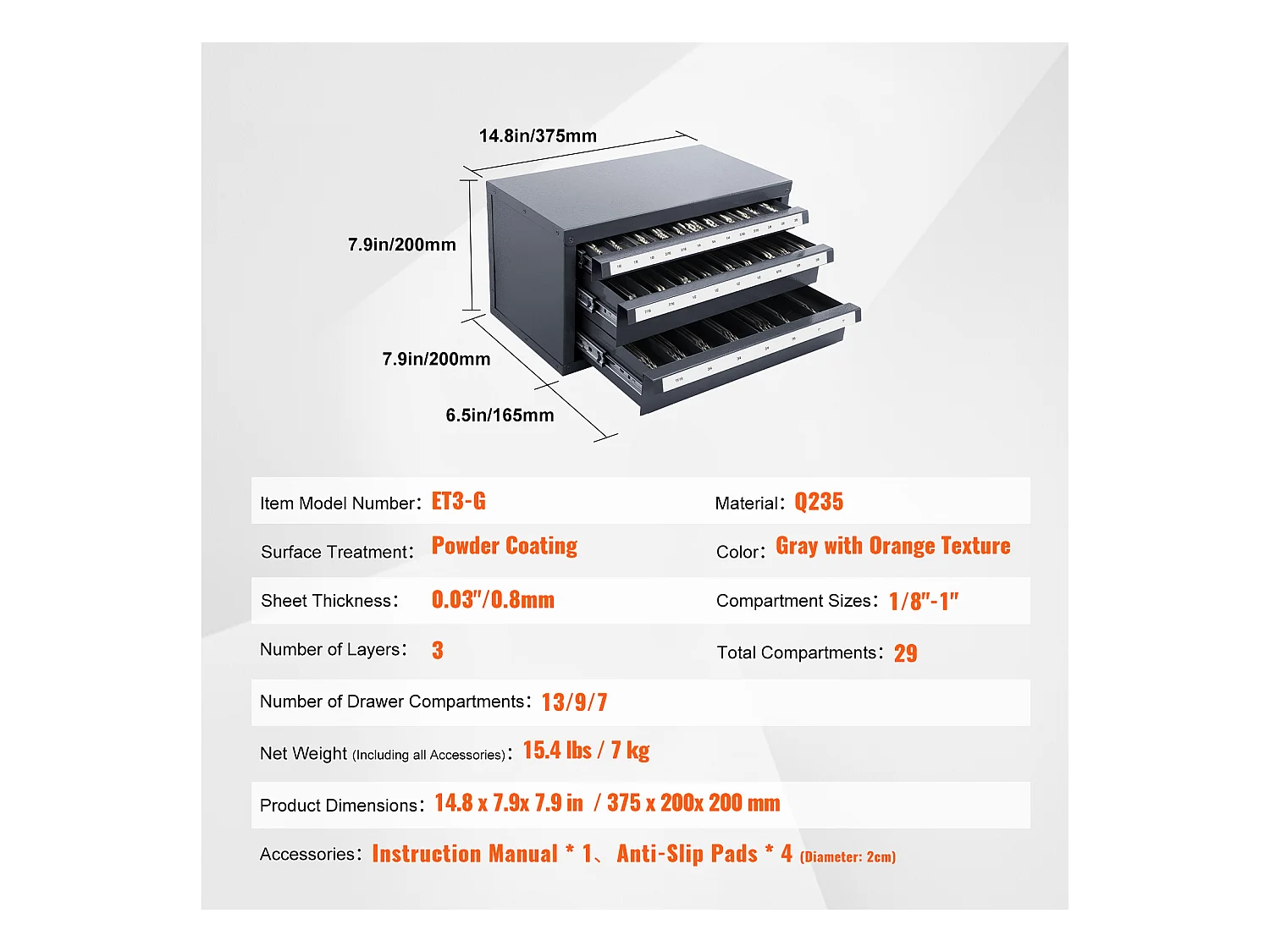 Armário de Armazenamento SucceBuy de Ferramentas de Acabamento, 3 Gavetas, 2.54/20.32cm - 2.54cm, 29 Compartimentos