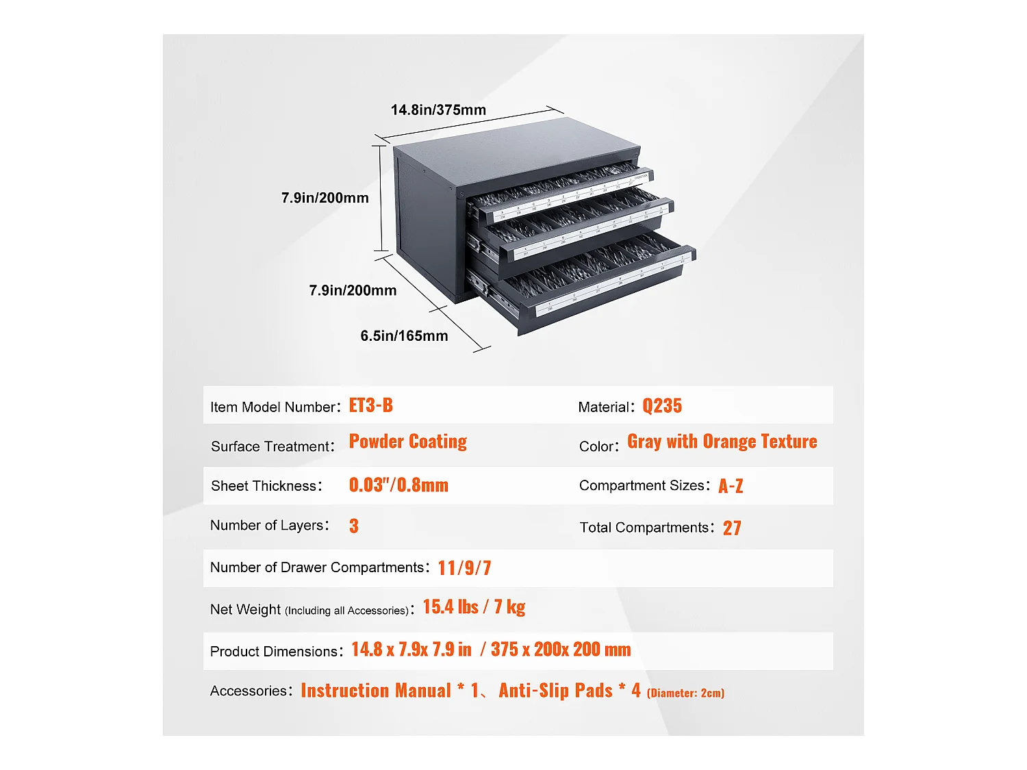 Armário Distribuidor de Brocas SucceBuy, Organizador de Três Gavetas de A a Z, Etiquetas de Aço, Solução de Armazenamento Empilhável para Brocas