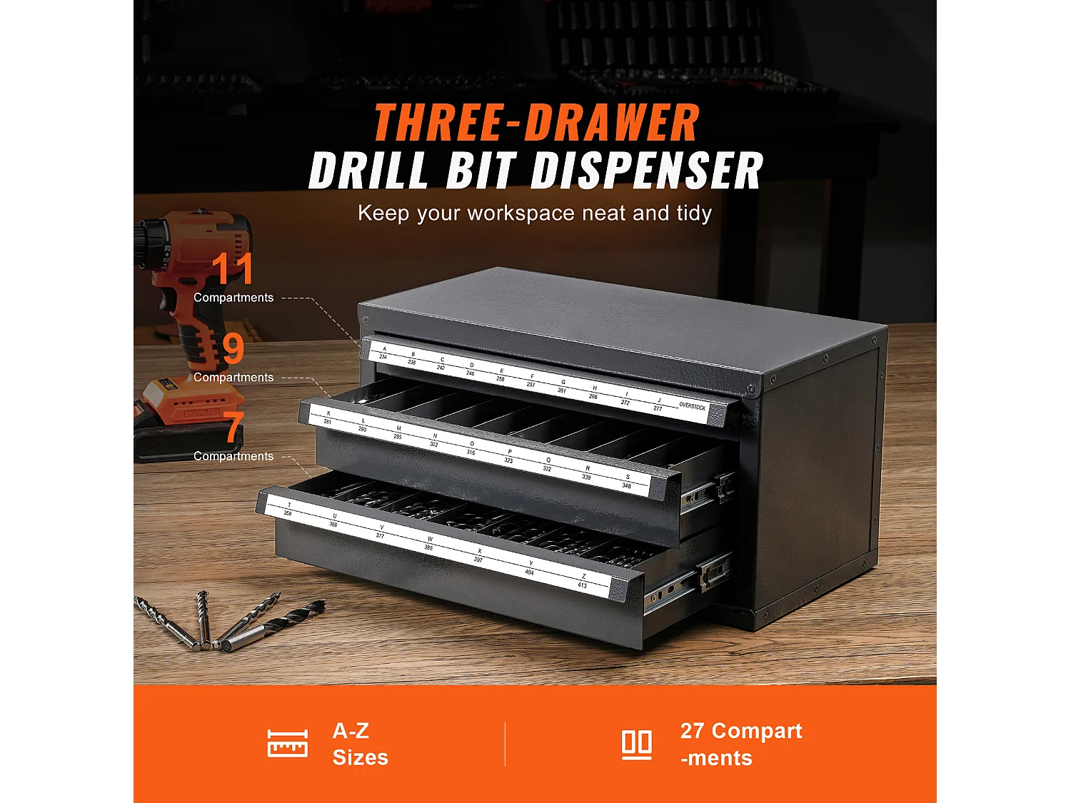 Armoire Distributrice de Forets SucceBuy, Organiseur à Trois Tiroirs pour A à Z, Étiquettes en Acier, Solution de Rangement Empliable pour Forets