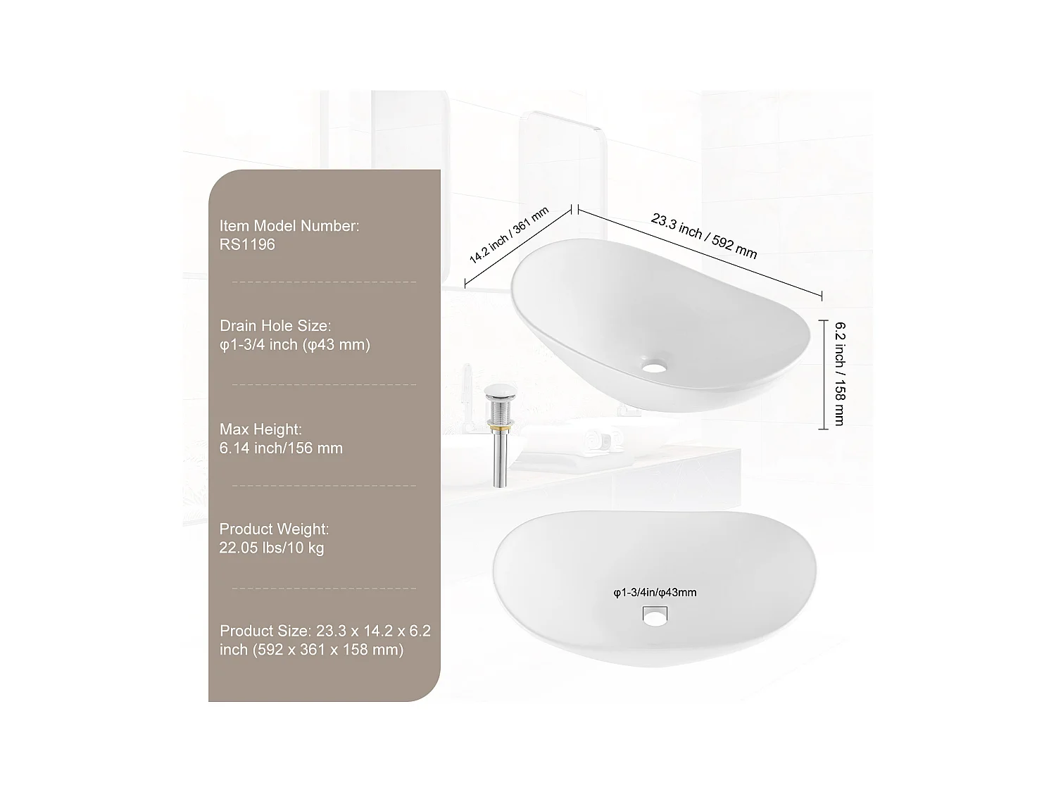 Lavabo de Salle SucceBuy Lavabo Ovale en Céramique 60 cm x 36 cm - Blanc Moderne, Durable et Élégant