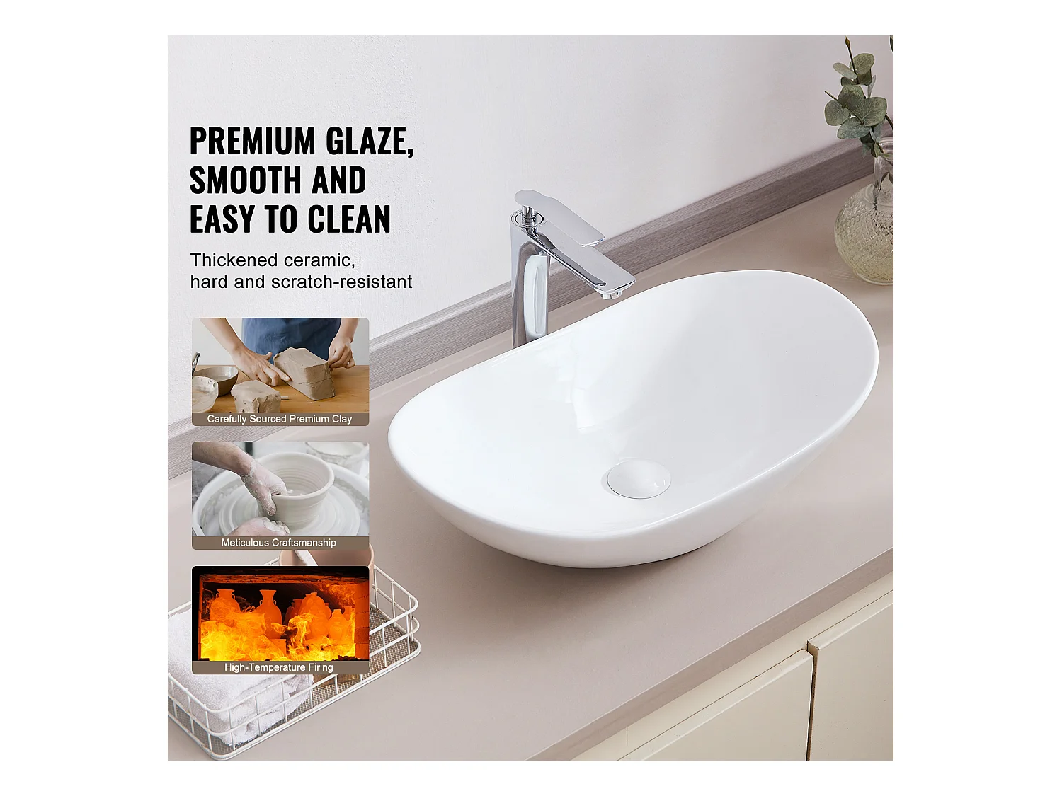 Lavabo de Salle SucceBuy Lavabo Ovale en Céramique 60 cm x 36 cm - Blanc Moderne, Durable et Élégant