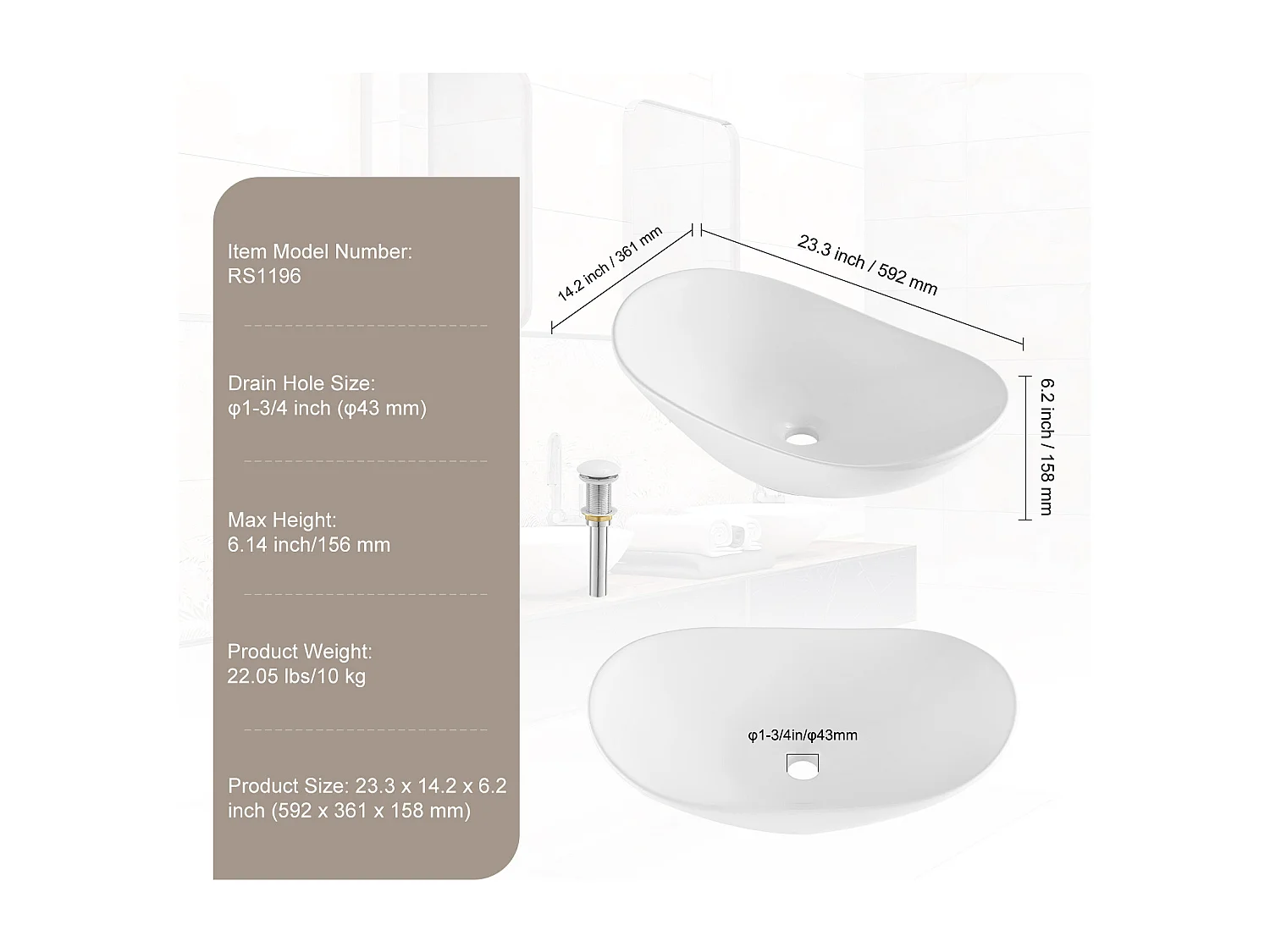 Lavabo de Salle SucceBuy Lavabo Ovale en Céramique 60 cm x 36 cm - Blanc Moderne, Durable et Élégant