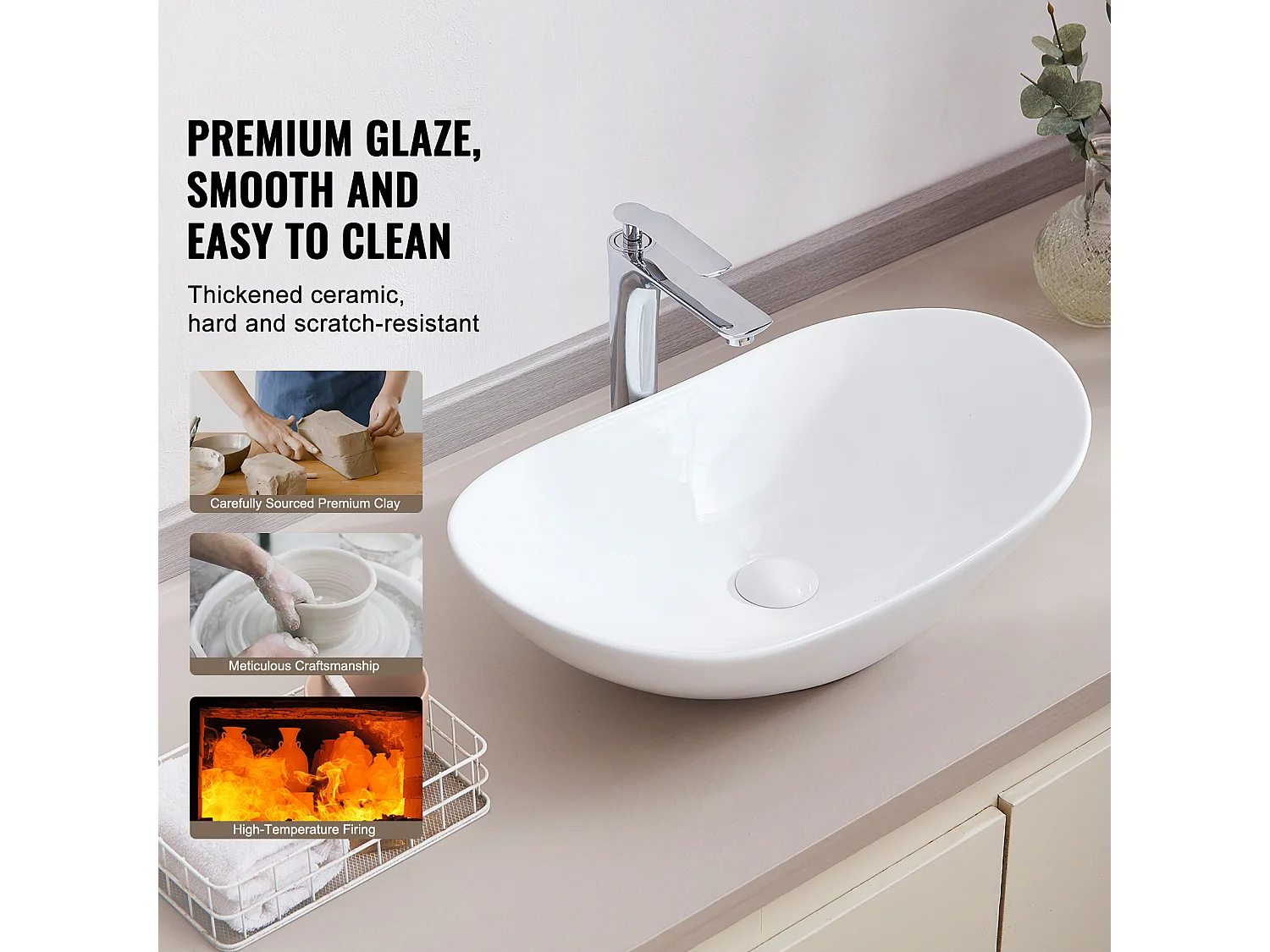 Lavabo de Salle SucceBuy Lavabo Ovale en Céramique 60 cm x 36 cm - Blanc Moderne, Durable et Élégant