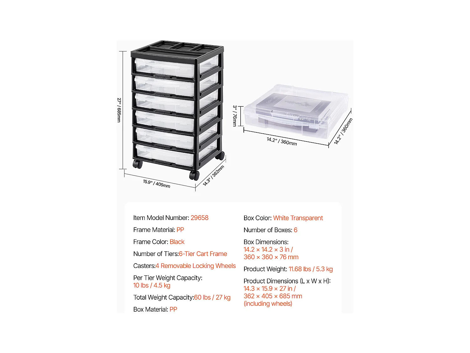 Rangement de Bureau en Plastique SucceBuy, avec 6 Étuis Transparents, Grande Capacité de Rangement pour Fournitures d'Artisanat, Noir