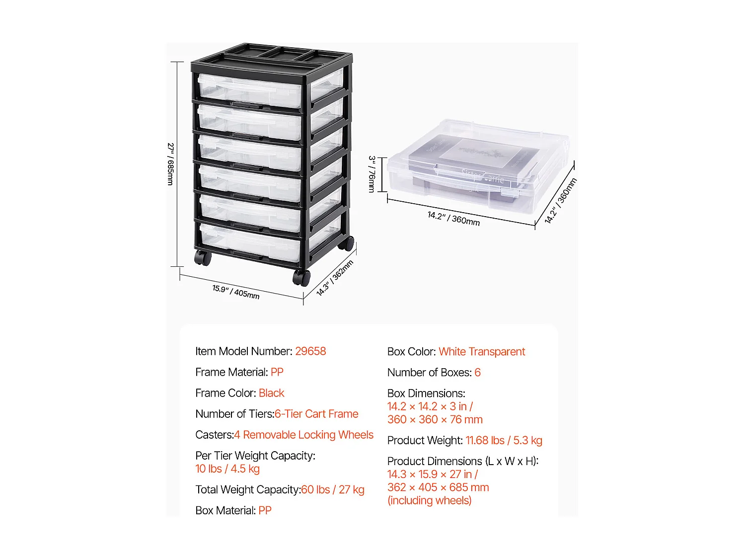 Rangement de Bureau en Plastique SucceBuy, avec 6 Étuis Transparents, Grande Capacité de Rangement pour Fournitures d'Artisanat, Noir
