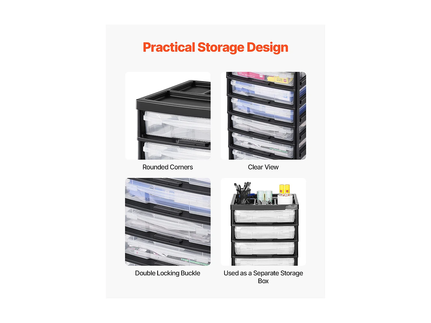 Rangement de Bureau en Plastique SucceBuy, avec 6 Étuis Transparents, Grande Capacité de Rangement pour Fournitures d'Artisanat, Noir