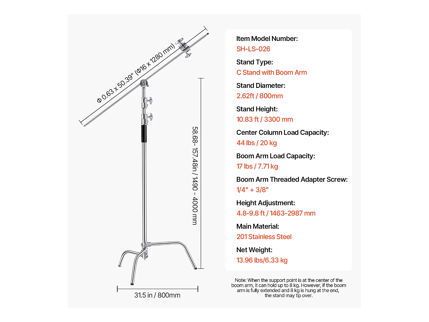 C-Stativ mit Stange SucceBuy, Maximale Höhe : 3,3 m